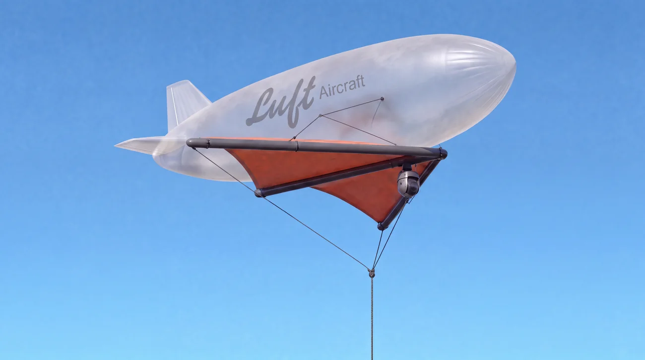 A tethered Luft aerostat aloft against a clear blue sky